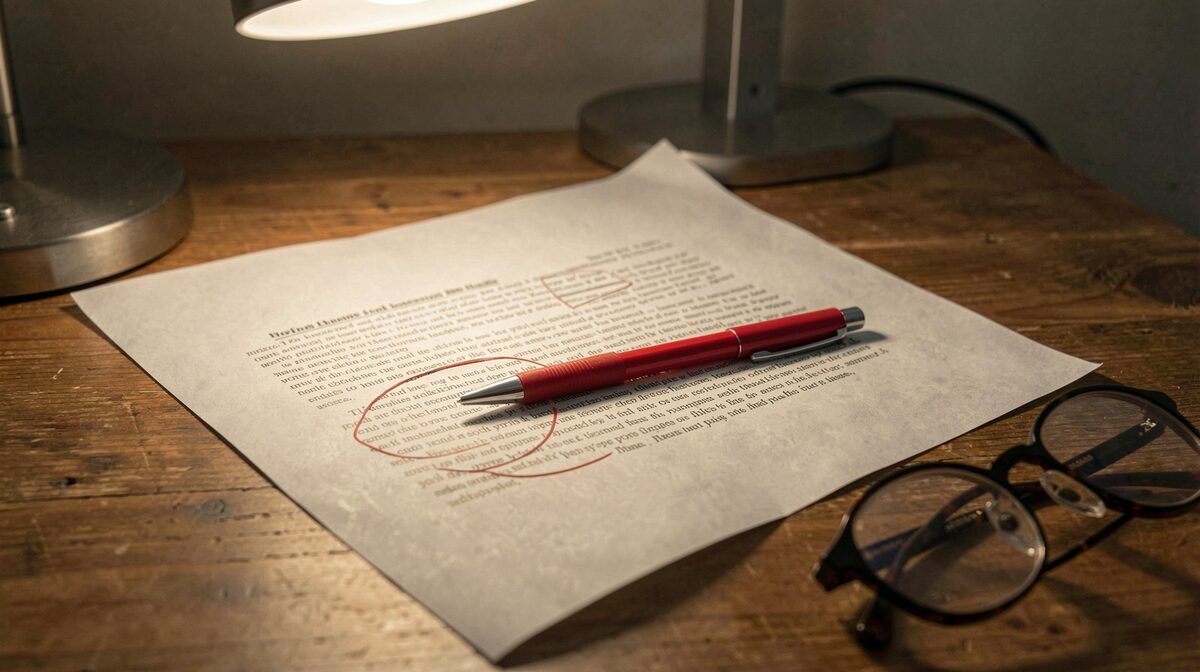 A pale grey sheet of newsprint on a wooden table under a low desk lamp, a red pen resting on a circled paragraph, a pair of reading glasses at the edge of the frame.